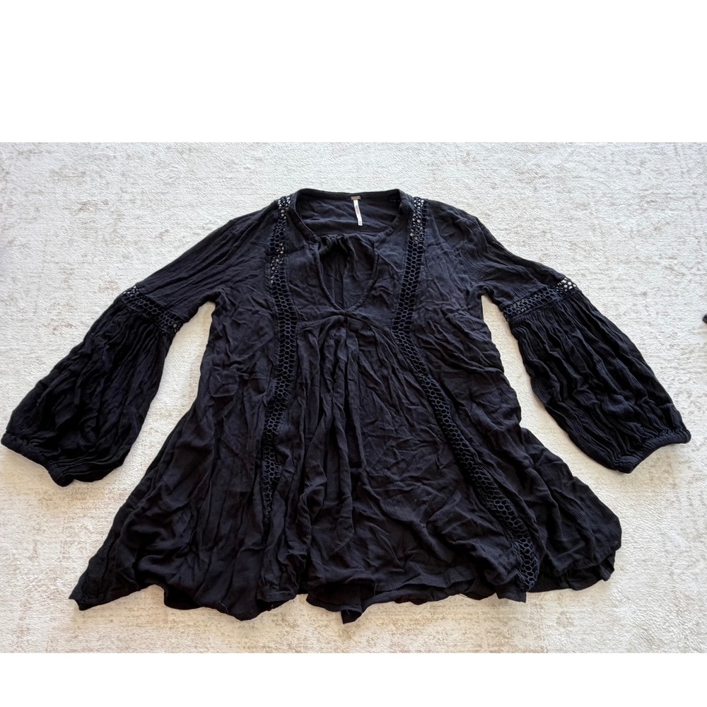Free People Black Gauze Crochet Trim Balloon Sleeve Tunic Mini Dress XS